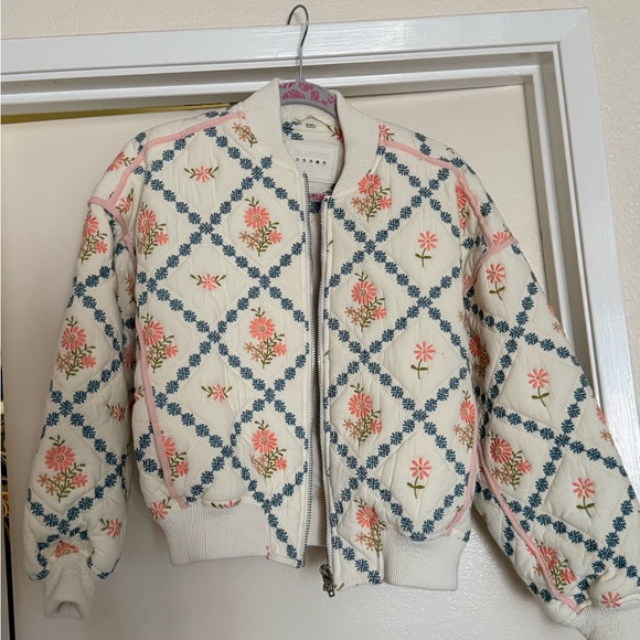 Blank NYC Jackets & Blazers - Floral Embroidered Quilted Bomber Jacket - Cream & Pink